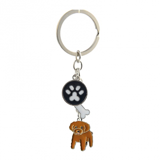 Picture of Pet Memorial Keychain & Keyring Silver Tone Brown Poodle Animal Paw Claw Enamel 10cm, 1 Piece