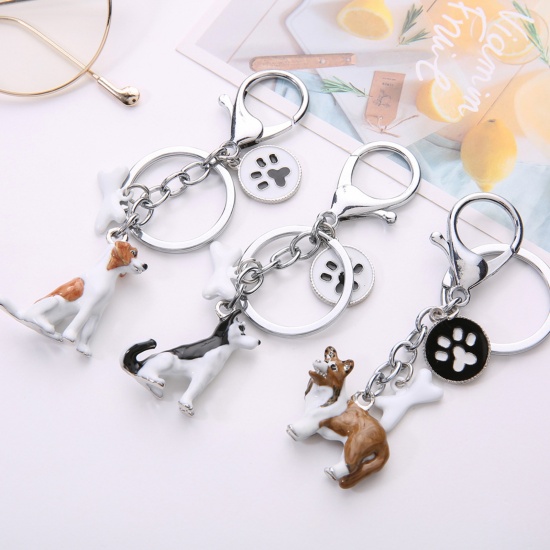 Picture of Pet Memorial Keychain & Keyring Silver Tone Coffee Doberman Pinscher Paw Claw 3D 10cm, 1 Piece