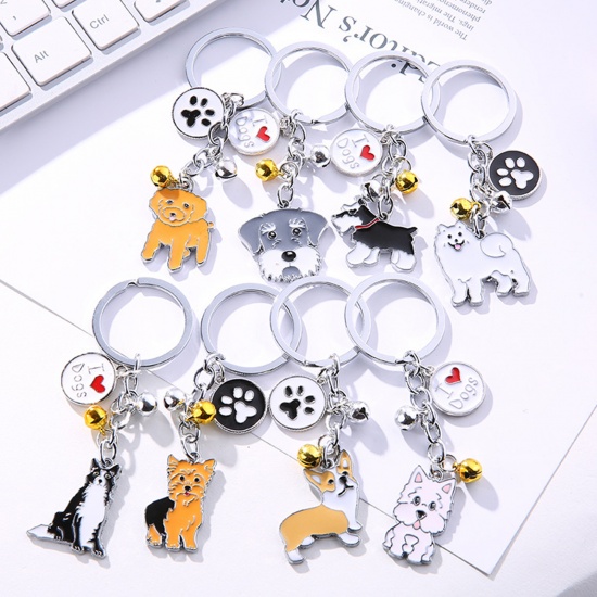 Picture of Pet Memorial Keychain & Keyring Silver Tone White Bichon Frise Animal Bell Enamel 10cm, 1 Piece