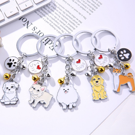 Picture of Pet Memorial Keychain & Keyring Silver Tone Gray Schnauzer Animal Bell Enamel 10cm, 1 Piece