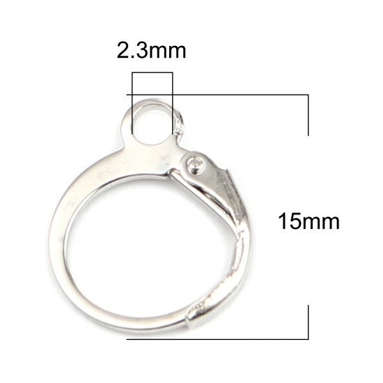 Picture of Iron Based Alloy Hoop Earrings Findings Circle Ring Silver Tone W/ Loop 15mm x 12mm, Post/ Wire Size: (20 gauge), 1 Packet ( 20 PCs/Packet)