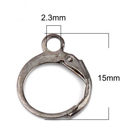Picture of Iron Based Alloy Hoop Earrings Findings Circle Ring Gunmetal W/ Loop 15mm x 12mm, Post/ Wire Size: (20 gauge), 1 Packet ( 20 PCs/Packet)