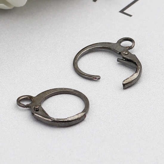 Picture of Iron Based Alloy Hoop Earrings Findings Circle Ring Gunmetal W/ Loop 15mm x 12mm, Post/ Wire Size: (20 gauge), 1 Packet ( 20 PCs/Packet)