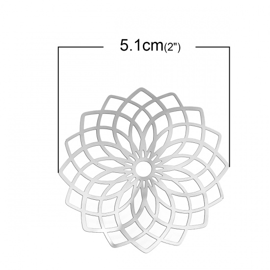 Picture of 304 Stainless Steel Filigree Stamping Embellishments Findings, Flower Silver Tone, Hollow Carved 5.1cm(2") x 5.1cm(2"), 10 PCs
