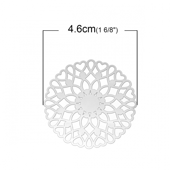Picture of 304 Stainless Steel Filigree Stamping Embellishments Findings, Round Silver Tone, Flower Hollow Carved 4.6cm(1 6/8") Dia, 10 PCs