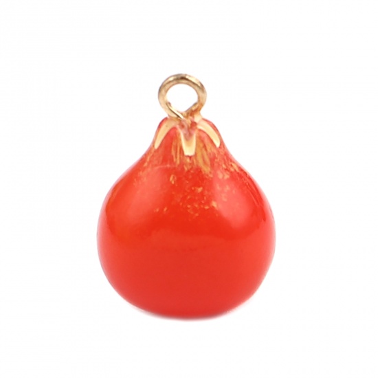 Picture of Zinc Based Alloy & Resin Charms Pomegranate Gold Plated Red 17mm x 12mm, 3 PCs