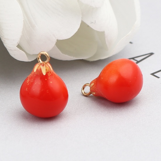 Picture of Zinc Based Alloy & Resin Charms Pomegranate Gold Plated Red 17mm x 12mm, 3 PCs