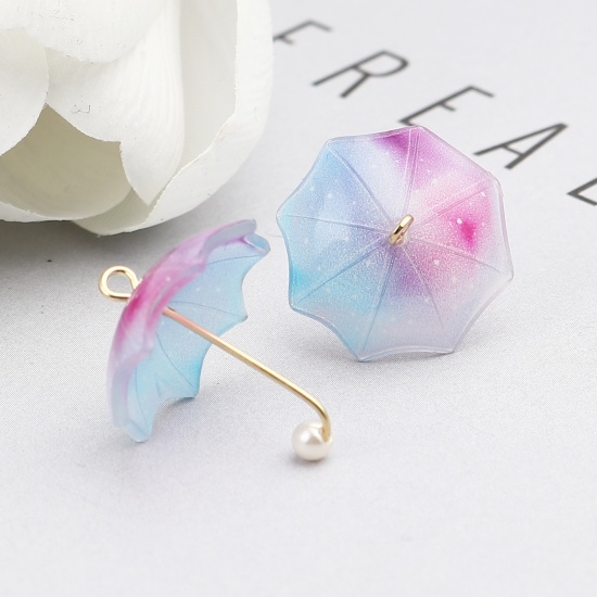 Picture of Zinc Based Alloy & Resin Charms Umbrella Gold Plated Light Blue & Purple Imitation Pearl 20mm x 18mm, 5 PCs
