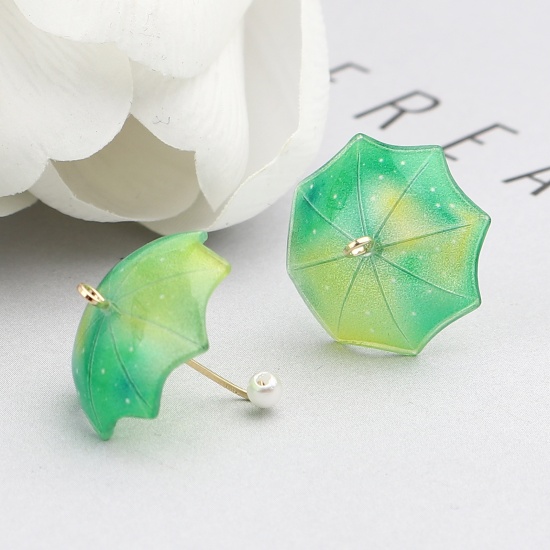 Picture of Zinc Based Alloy & Resin Charms Umbrella Gold Plated Green Imitation Pearl 20mm x 18mm, 5 PCs