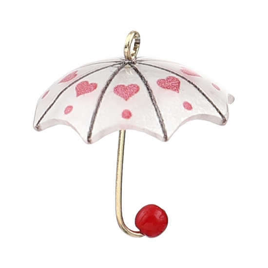 Picture of Zinc Based Alloy & Resin Charms Umbrella Heart Gold Plated Hot Pink Imitation Pearl 20mm x 18mm, 5 PCs