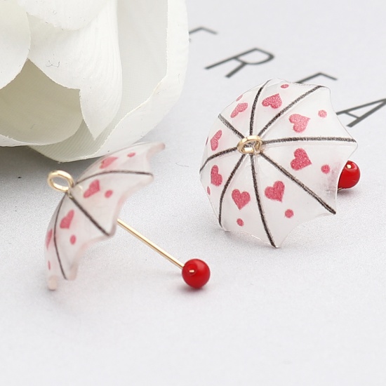 Picture of Zinc Based Alloy & Resin Charms Umbrella Heart Gold Plated Hot Pink Imitation Pearl 20mm x 18mm, 5 PCs