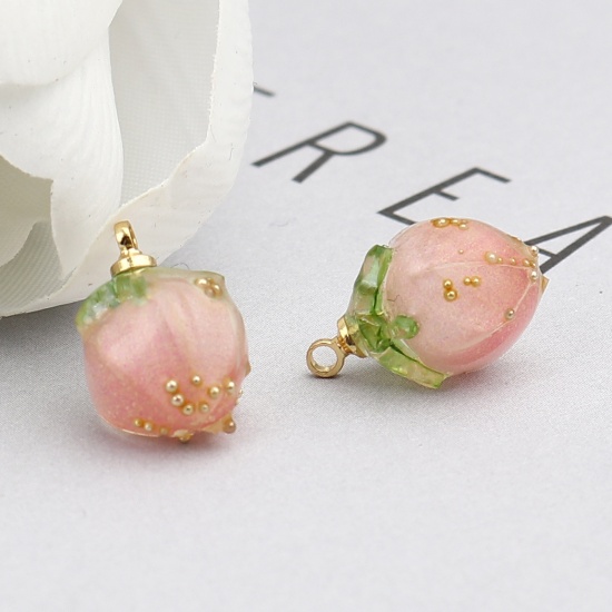 Picture of Zinc Based Alloy & Resin Charms Flower Gold Plated Pink 15mm x 10mm, 3 PCs