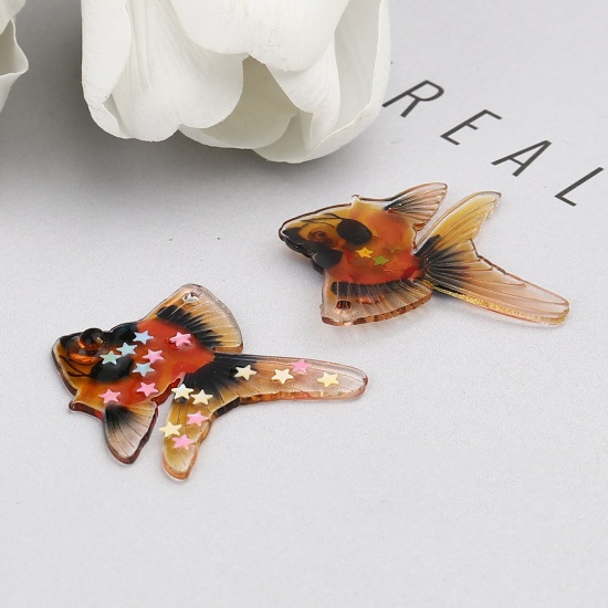 Picture of Resin Ocean Jewelry Pendants Goldfish Black & Orange Sequins 38mm x 33mm, 3 PCs