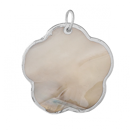 Picture of Natural Shell Pendants Jump Ring Silver Tone Flower Natural Color With Real Pearl 39mm(1 4/8") x 35mm(1 3/8"), 1 Piece