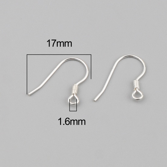 Picture of Sterling Silver Ear Wire Hooks Earring Findings Findings Spring Silver Color W/ Loop 17mm x 15mm, Post/ Wire Size: (21 gauge), 1 Gram (Approx 5-6 PCs)