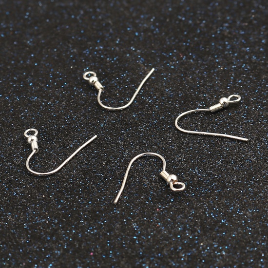 Picture of Sterling Silver Ear Wire Hooks Earring Findings Findings Spring Silver Color W/ Loop 19mm x 18mm, Post/ Wire Size: (21 gauge), 1 Gram (Approx 5-6 PCs)