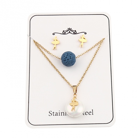 Picture of Stainless Steel & Lava Rock Jewelry Necklace Stud Earring Set Gold Plated Dark Blue Dancing girl Round Imitation Pearl 40cm(15 6/8") long, 10mm x 6mm, Post/ Wire Size: (21 gauge), 1 Set