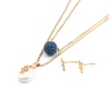 Picture of Stainless Steel & Lava Rock Jewelry Necklace Stud Earring Set Gold Plated Dark Blue Dancing girl Round Imitation Pearl 40cm(15 6/8") long, 10mm x 6mm, Post/ Wire Size: (21 gauge), 1 Set