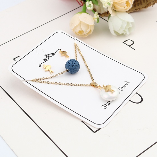 Picture of Stainless Steel & Lava Rock Jewelry Necklace Stud Earring Set Gold Plated Dark Blue Dancing girl Round Imitation Pearl 40cm(15 6/8") long, 10mm x 6mm, Post/ Wire Size: (21 gauge), 1 Set