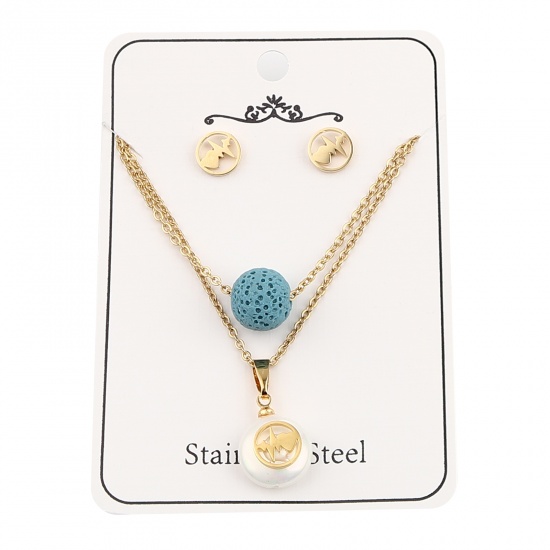 Picture of Stainless Steel & Lava Rock Jewelry Necklace Stud Earring Set Gold Plated Blue Round Medical Heartbeat/ Electrocardiogram Imitation Pearl 40cm(15 6/8") long, 8mm Dia., Post/ Wire Size: (21 gauge), 1 Set