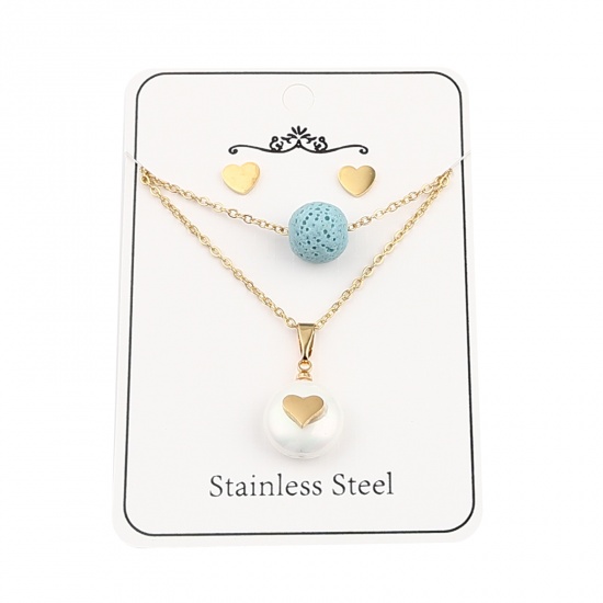 Picture of Stainless Steel & Lava Rock Jewelry Necklace Stud Earring Set Gold Plated Light Blue Round Heart Imitation Pearl 40cm(15 6/8") long, 6mm x 6mm, Post/ Wire Size: (21 gauge), 1 Set