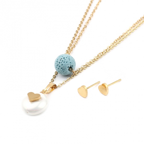 Picture of Stainless Steel & Lava Rock Jewelry Necklace Stud Earring Set Gold Plated Light Blue Round Heart Imitation Pearl 40cm(15 6/8") long, 6mm x 6mm, Post/ Wire Size: (21 gauge), 1 Set