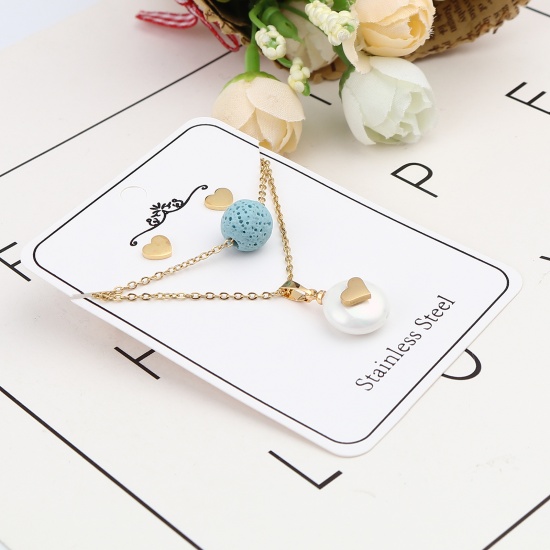 Picture of Stainless Steel & Lava Rock Jewelry Necklace Stud Earring Set Gold Plated Light Blue Round Heart Imitation Pearl 40cm(15 6/8") long, 6mm x 6mm, Post/ Wire Size: (21 gauge), 1 Set