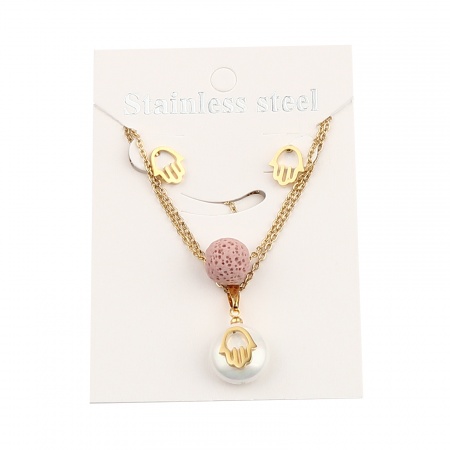 Stainless Steel & Lava Rock Religious Jewelry Necklace Stud Earring Set Gold Plated Pink Round Hamsa Symbol Hand Imitation Pearl 40cm(15 6/8") long, 9mm x 8mm, Post/ Wire Size: (21 gauge), 1 Set