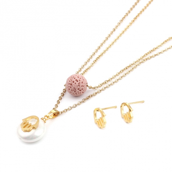 Picture of Stainless Steel & Lava Rock Religious Jewelry Necklace Stud Earring Set Gold Plated Pink Round Hamsa Symbol Hand Imitation Pearl 40cm(15 6/8") long, 9mm x 8mm, Post/ Wire Size: (21 gauge), 1 Set