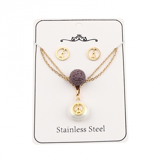 Picture of Stainless Steel & Lava Rock Jewelry Necklace Stud Earring Set Gold Plated Purple Tower Round Imitation Pearl 40cm(15 6/8") long, 9mm Dia., Post/ Wire Size: (21 gauge), 1 Set
