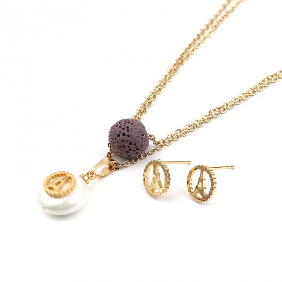Picture of Stainless Steel & Lava Rock Jewelry Necklace Stud Earring Set Gold Plated Purple Tower Round Imitation Pearl 40cm(15 6/8") long, 9mm Dia., Post/ Wire Size: (21 gauge), 1 Set