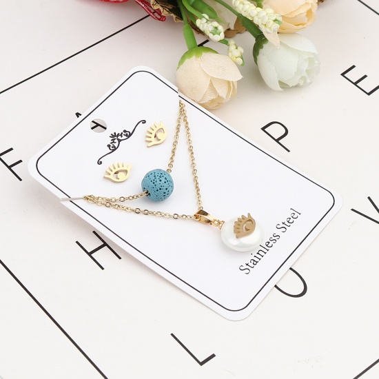 Picture of Stainless Steel & Lava Rock Jewelry Necklace Stud Earring Set Gold Plated Blue Round Eyeglasses Imitation Pearl 40cm(15 6/8") long, 10mm x 7mm, Post/ Wire Size: (21 gauge), 1 Set