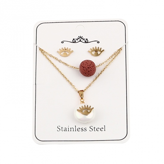 Picture of Stainless Steel & Lava Rock Jewelry Necklace Stud Earring Set Gold Plated Russet Red Round Eyeglasses Imitation Pearl 40cm(15 6/8") long, 10mm x 7mm, Post/ Wire Size: (21 gauge), 1 Set