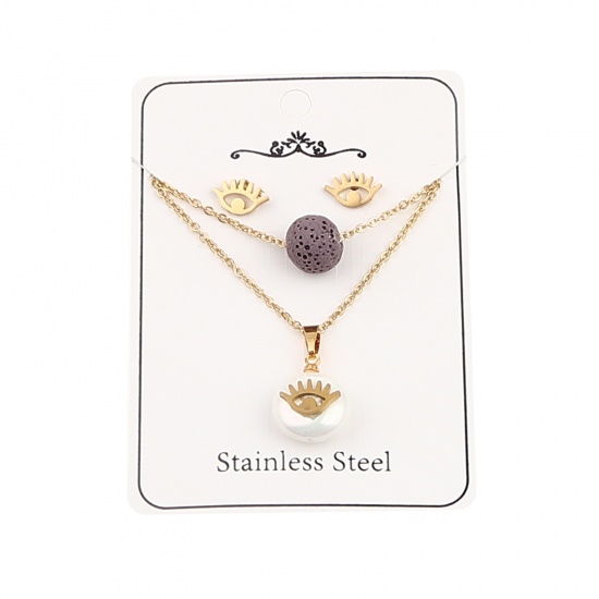 Picture of Stainless Steel & Lava Rock Jewelry Necklace Stud Earring Set Gold Plated Purple Round Eyeglasses Imitation Pearl 40cm(15 6/8") long, 10mm x 7mm, Post/ Wire Size: (21 gauge), 1 Set