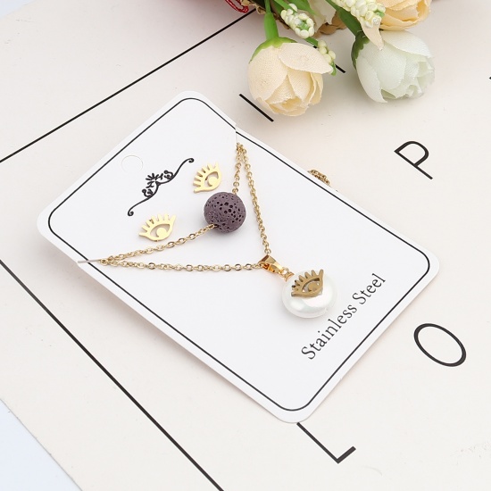 Picture of Stainless Steel & Lava Rock Jewelry Necklace Stud Earring Set Gold Plated Purple Round Eyeglasses Imitation Pearl 40cm(15 6/8") long, 10mm x 7mm, Post/ Wire Size: (21 gauge), 1 Set