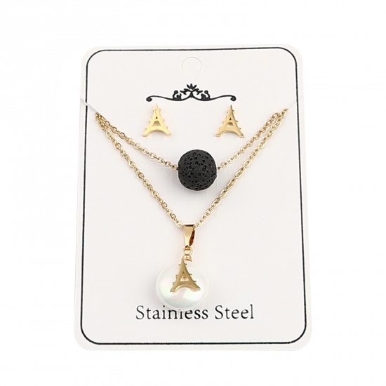Picture of Stainless Steel & Lava Rock Jewelry Necklace Stud Earring Set Gold Plated Black Tower Round Imitation Pearl 40cm(15 6/8") long, 9mm x 8mm, Post/ Wire Size: (21 gauge), 1 Set
