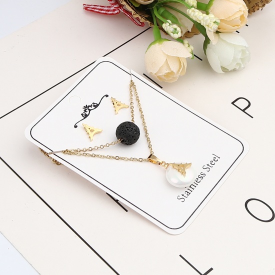 Picture of Stainless Steel & Lava Rock Jewelry Necklace Stud Earring Set Gold Plated Black Tower Round Imitation Pearl 40cm(15 6/8") long, 9mm x 8mm, Post/ Wire Size: (21 gauge), 1 Set