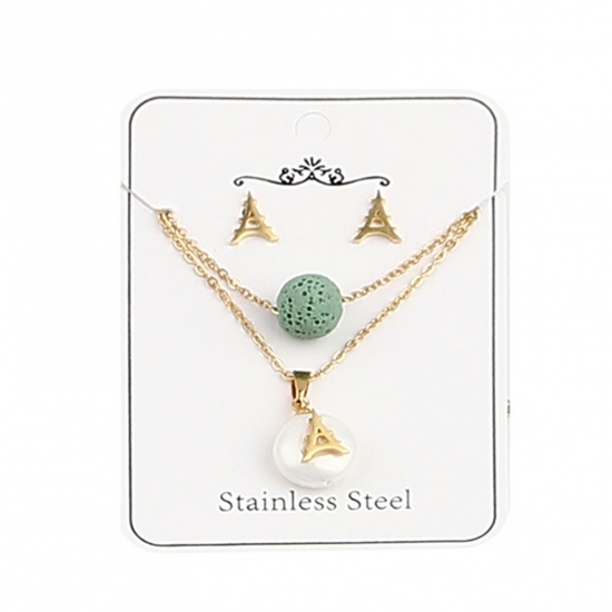 Picture of Stainless Steel & Lava Rock Jewelry Necklace Stud Earring Set Gold Plated Green Tower Round Imitation Pearl 40cm(15 6/8") long, 9mm x 8mm, Post/ Wire Size: (21 gauge), 1 Set