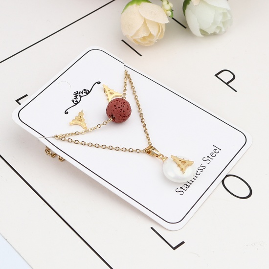 Picture of Stainless Steel & Lava Rock Jewelry Necklace Stud Earring Set Gold Plated Russet Red Tower Round Imitation Pearl 40cm(15 6/8") long, 9mm x 8mm, Post/ Wire Size: (21 gauge), 1 Set