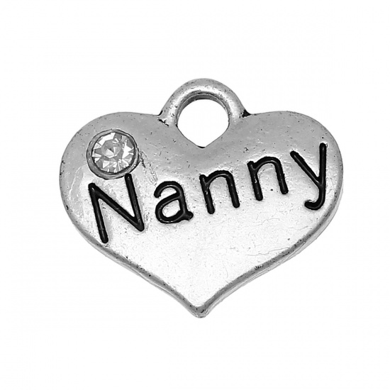 Bild von Legierung + Strass Charm Anhänger Herz Antiksilber Message " Nanny " Transparent Strass 16mm x 14mm, 20 Stücke