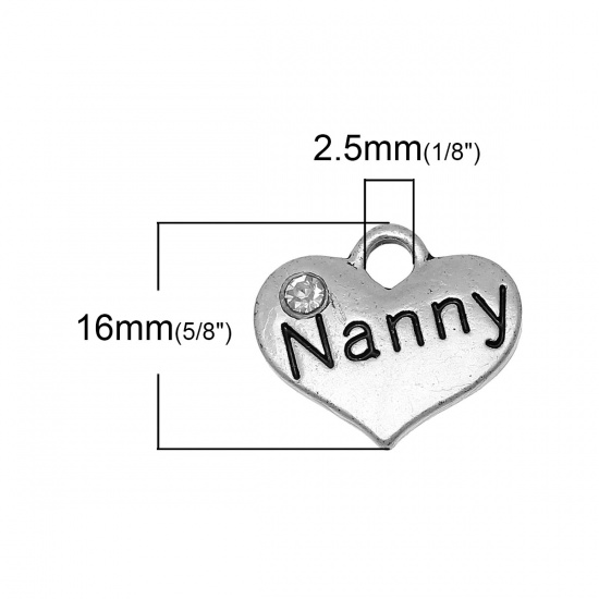 Bild von Legierung + Strass Charm Anhänger Herz Antiksilber Message " Nanny " Transparent Strass 16mm x 14mm, 20 Stücke