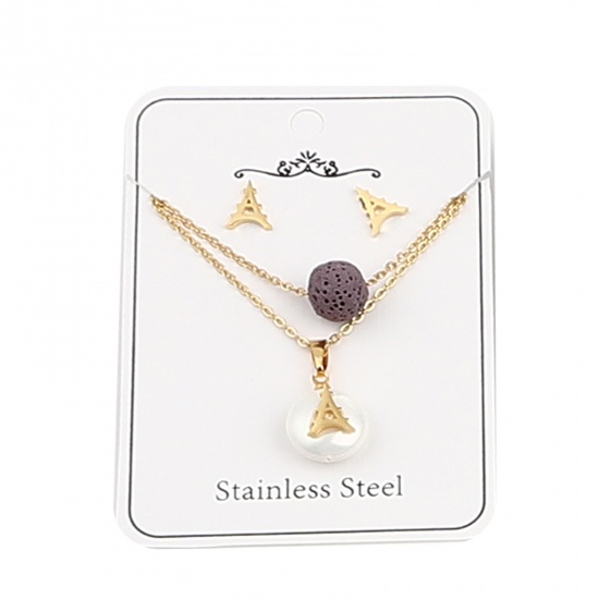 Picture of Stainless Steel & Lava Rock Jewelry Necklace Stud Earring Set Gold Plated Purple Tower Round Imitation Pearl 40cm(15 6/8") long, 9mm x 8mm, Post/ Wire Size: (21 gauge), 1 Set