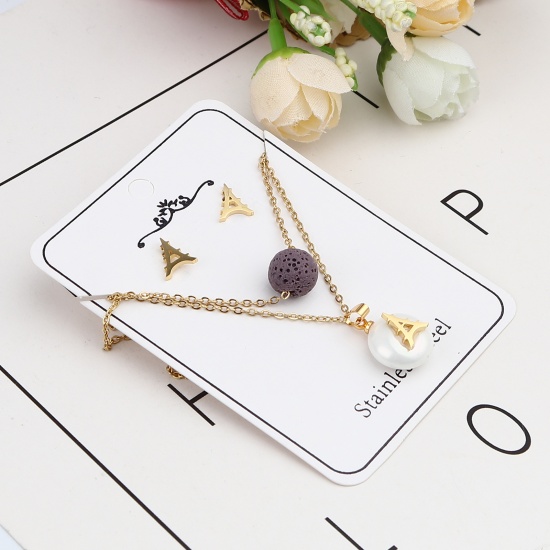 Picture of Stainless Steel & Lava Rock Jewelry Necklace Stud Earring Set Gold Plated Purple Tower Round Imitation Pearl 40cm(15 6/8") long, 9mm x 8mm, Post/ Wire Size: (21 gauge), 1 Set