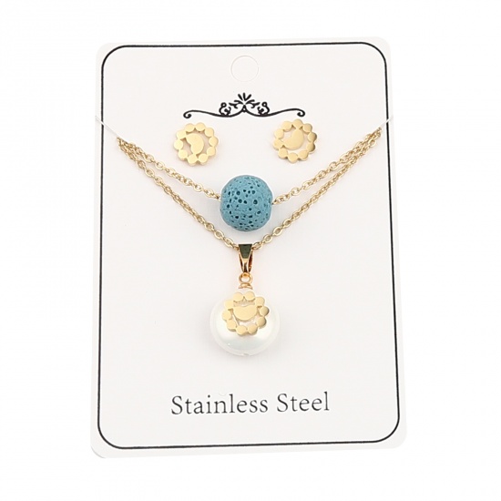 Picture of Stainless Steel & Lava Rock Jewelry Necklace Stud Earring Set Gold Plated Blue Round Heart Imitation Pearl 40cm(15 6/8") long, 8mm x 8mm, Post/ Wire Size: (21 gauge), 1 Set