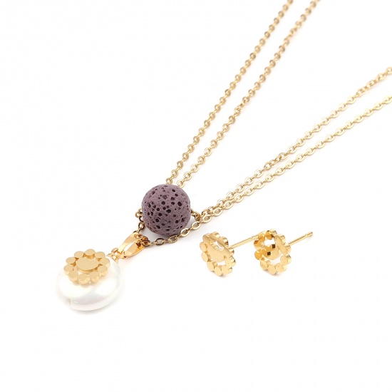 Picture of Stainless Steel & Lava Rock Jewelry Necklace Stud Earring Set Gold Plated Purple Round Heart Imitation Pearl 40cm(15 6/8") long, 8mm x 8mm, Post/ Wire Size: (21 gauge), 1 Set