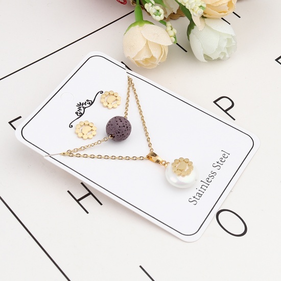 Picture of Stainless Steel & Lava Rock Jewelry Necklace Stud Earring Set Gold Plated Purple Round Heart Imitation Pearl 40cm(15 6/8") long, 8mm x 8mm, Post/ Wire Size: (21 gauge), 1 Set