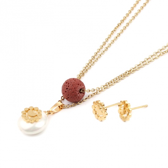 Picture of Stainless Steel & Lava Rock Jewelry Necklace Stud Earring Set Gold Plated Russet Red Round Heart Imitation Pearl 40cm(15 6/8") long, 8mm x 8mm, Post/ Wire Size: (21 gauge), 1 Set