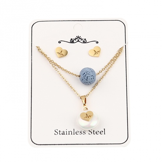 Picture of Stainless Steel & Lava Rock Jewelry Necklace Stud Earring Set Gold Plated Blue Round Medical Heartbeat/ Electrocardiogram Imitation Pearl 40cm(15 6/8") long, 8mm x 7mm, Post/ Wire Size: (21 gauge), 1 Set