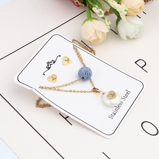 Picture of Stainless Steel & Lava Rock Jewelry Necklace Stud Earring Set Gold Plated Blue Round Medical Heartbeat/ Electrocardiogram Imitation Pearl 40cm(15 6/8") long, 8mm x 7mm, Post/ Wire Size: (21 gauge), 1 Set