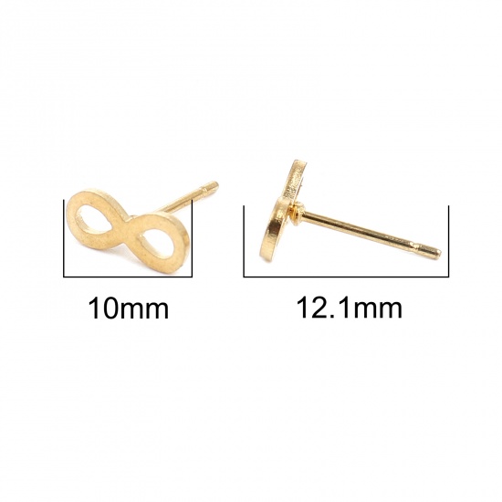 Picture of Stainless Steel Ear Post Stud Earrings Set Gold Plated Infinity Symbol 8mm x 4mm, Post/ Wire Size: (20 gauge), 1 Set ( 12 Pairs/Set)